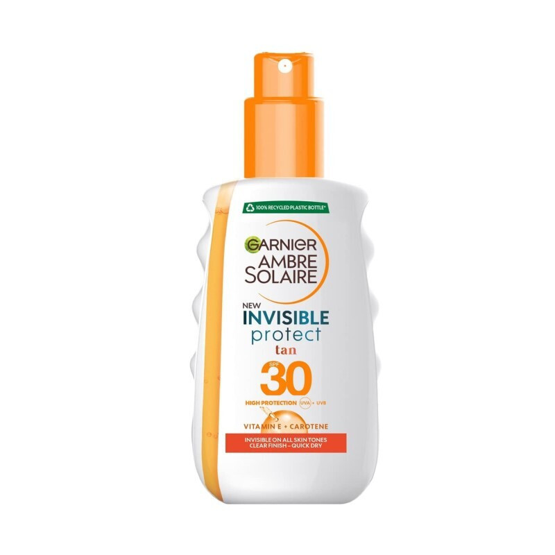 Garnier Ambre Solaire Invinsible Protect Tan Vitamin E & Carotene Αδιάβροχη Αντηλιακή Λοσιόν για το Σώμα SPF30 σε Spray 200ml - Image 1