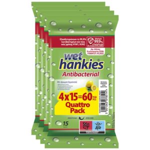 WET HANKIES ΥΓΡΑ ΜΑΝΤΗΛΑΚΙΑ ΑΝΤΙΒΑΚΤΗΡΙΑΚΑ ΛΕΜΟΝΙ 15τεμ (4X15 QUATTRO PACK) *