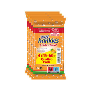 WET HANKIES ΥΓΡΑ ΜΑΝΤΗΛΑΚΙΑ ΑΝΤΙΒΑΚΤΗΡΙΑΚΑ ΜΕ ΑΡΩΜΑ ΠΟΡΤΟΚΑΛΙ 15τεμ (4X15 Q *
